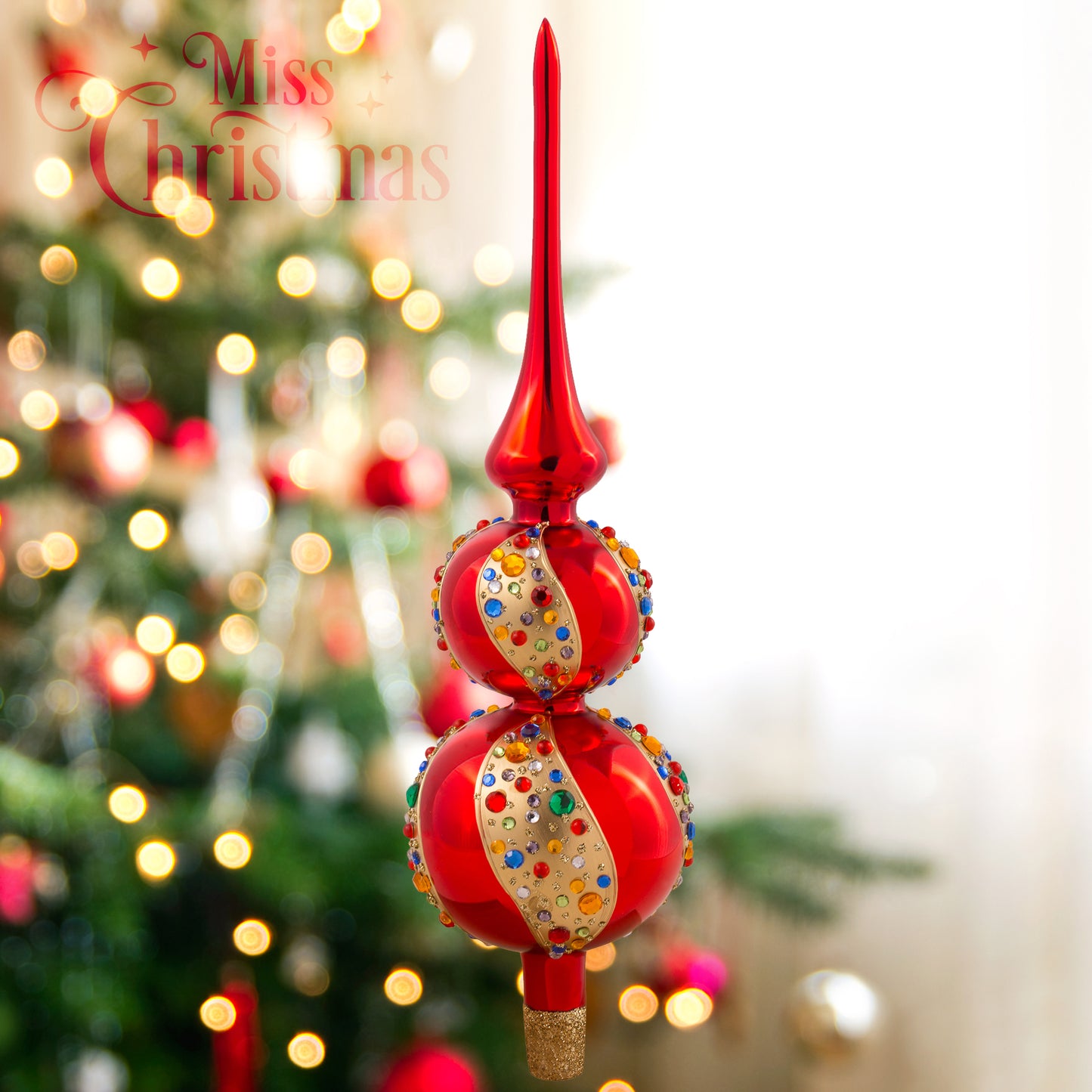 HOLIDAY RED TREE TOPPER WITH CRYSTALS
