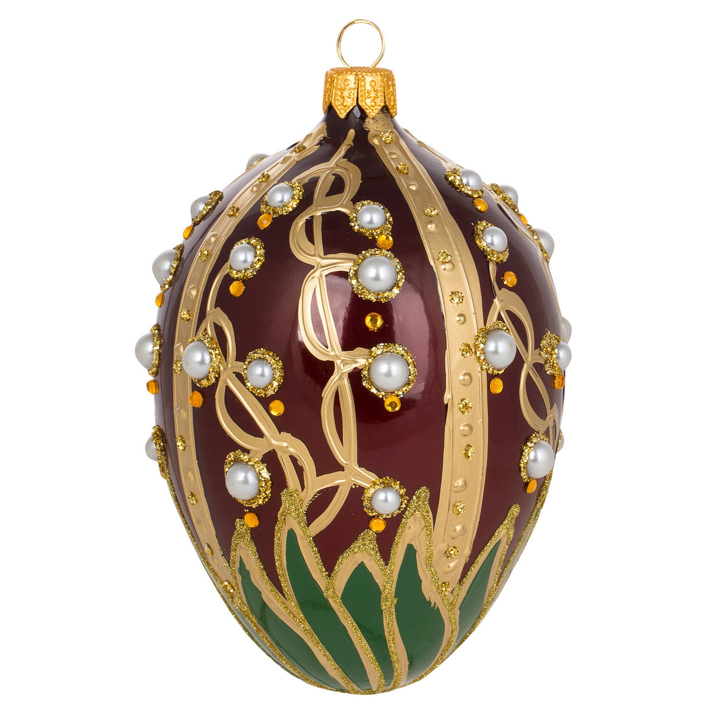 RED FABERGÉ EGG WITH LILY OF THE VALLEY PATTERN