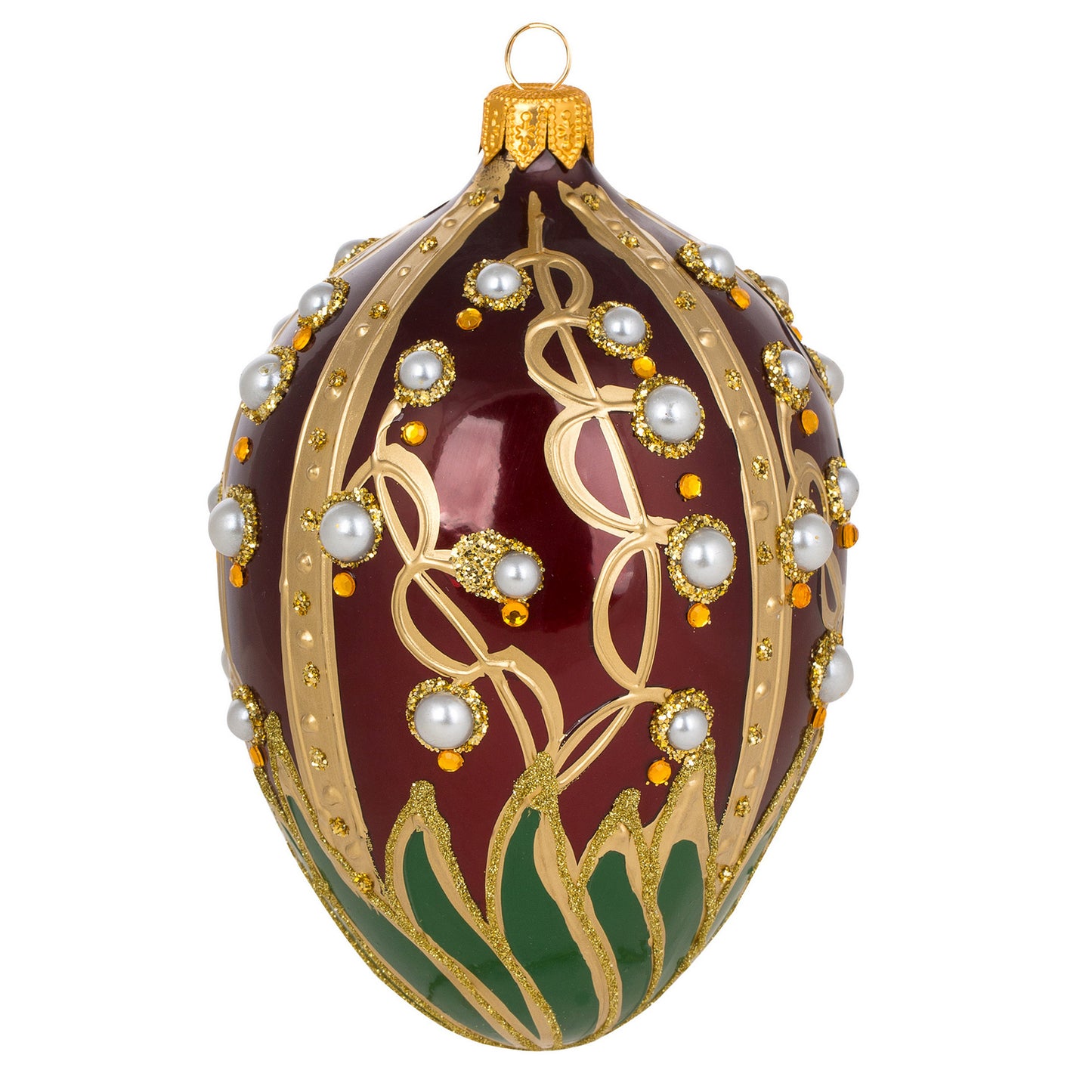 RED FABERGÉ EGG WITH LILY OF THE VALLEY PATTERN